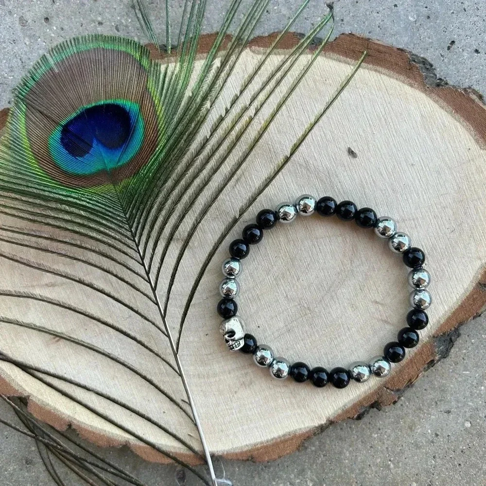 Handmade Hematite + Black Obsidian Skull Bracelet 💀🖤